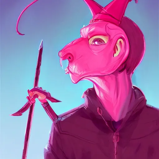 Image similar to a hot pink tiefling with a tinfoil hat, rat on his shoulder, young man, green eyes, horns, exasperated, character art, full body art, dungeons and dragons, d & d, trending on artstation, artgerm, 4 k ultra hd, sharp focus, digital art by ilya kuvshinov and ross tran