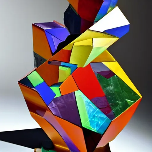 Prompt: a multicolored object sitting on top of a table, an abstract sculpture by john chamberlain, trending on pinterest, crystal cubism, angular, made of crystals, iridescent