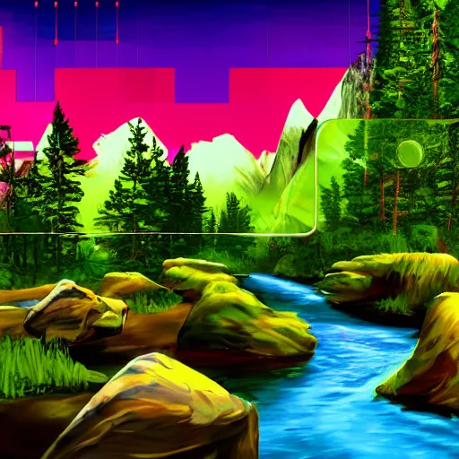 Prompt: a beautiful landscape, river, rocks, trees, glitch, glitchy, vhs