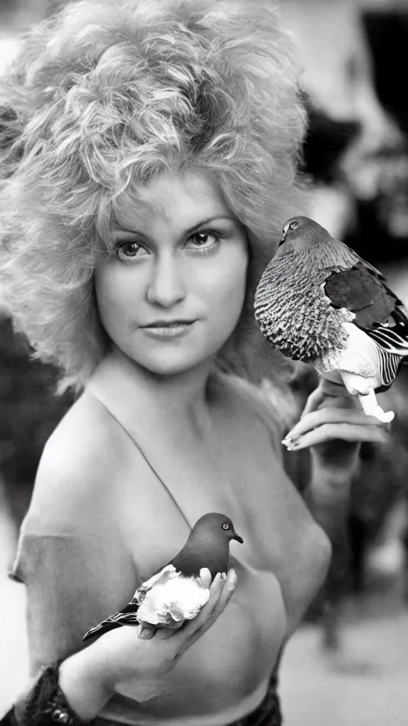 Image similar to an 8 0 s photo of a glamour model holding a pigeon