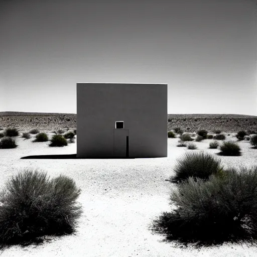 Prompt: a Non-Euclidean clay building sitting in the desert, vintage photo, beautiful cinematography, blue sky, film grain, aerial view, extreme wide shot, far away, symmetrical, in the distance, James Turrell