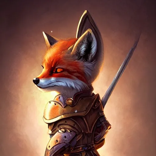 Image similar to cute anthropomorphic Fox using Warrior Armor from D&D, ultra wide lens shot , tiny, small, short, cute and adorable, pretty, beautiful, DnD character art portrait, matte fantasy painting, DeviantArt Artstation, by Jason Felix by Steve Argyle by Tyler Jacobson by Peter Mohrbacher, cinematic lighting