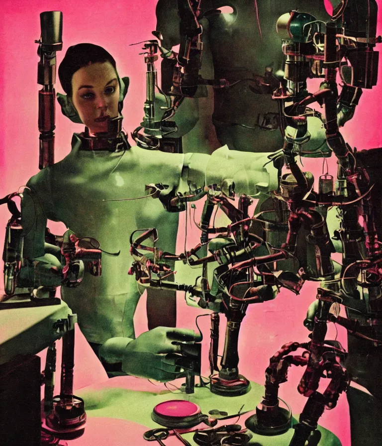 Image similar to a female mad scientist building a humanoid robot, in a darkly lit laboratory room, 1 9 5 0 s horror movie poster style, norman rockwell oil painting, close - up shot, retro science fiction, vintage, saturated pink and green lighting, shadowy lighting, cohesive