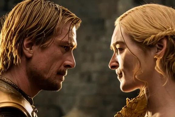 Image similar to very very intricate photorealistic photo of jaime lannister fighting cersei, photo is in focus with detailed atmospheric lighting, award - winning details