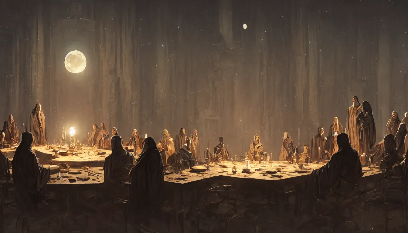 Image similar to A meeting of the council of elders, robed figures sat around a table, beautiful architecture, night time, stars visible, beautiful moon light, concept art, fantasy art, painted by Greg Rutkowski, trending on artstation, highly detailed, 8k