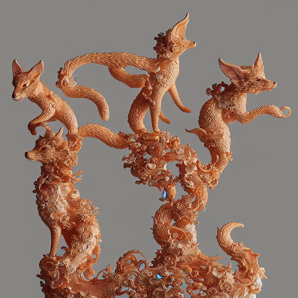 Prompt: A photo-real delicate ceramic porcelain sculpture of an ornate detailed kitsune in front of a intricate background by Victo Ngai and takato yamamoto, micro detail, backlit lighting, subsurface scattering, translucent, thin porcelain, octane renderer, colorful, physically based rendering, japanese pottery, trending on cgsociety