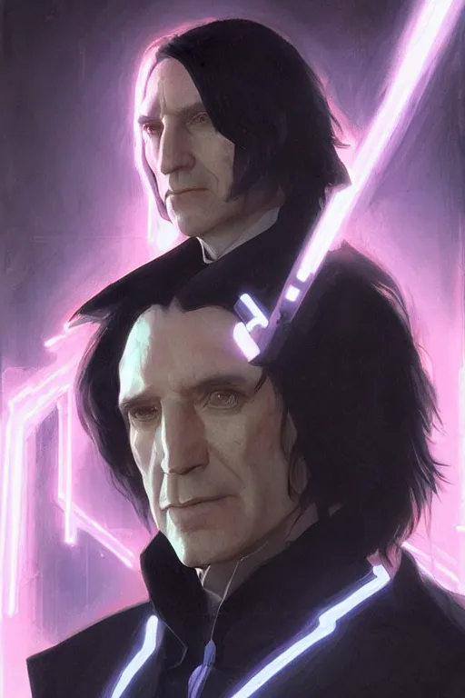 Image similar to portrait of cyborg severus snape in cyberpunk, neon lighting, night city, digital art from artstation by Ruan Jia and Mandy Jurgens and Artgerm and william-adolphe bouguereau and Greg Rutkowski