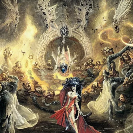 Prompt: a ghost queen triumphs over a legion of demons, a painting of an ancient kingdom under the rule of a ghost queen
