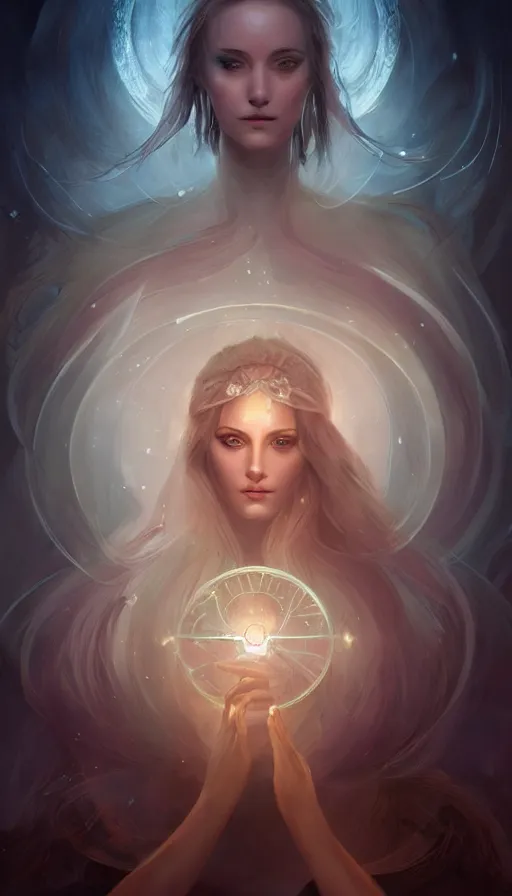 Prompt: goddess of illusion, beautiful, stunning, breathtaking, mirrors, glass, magic circle, magic doorway, fantasy, mist, bioluminescence, hyper - realistic, unreal engine, by charlie bowater