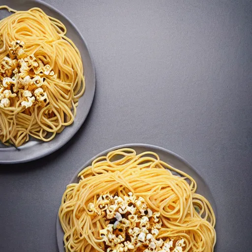 Prompt: spaghetti with popcorn, studio photography