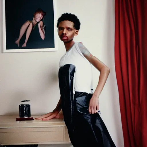 Image similar to realistic! photoshoot for a new vetements lookbook, color film photography, portrait of a beautiful woman, location in a apartment, in style of tyler mitchell, 35mm