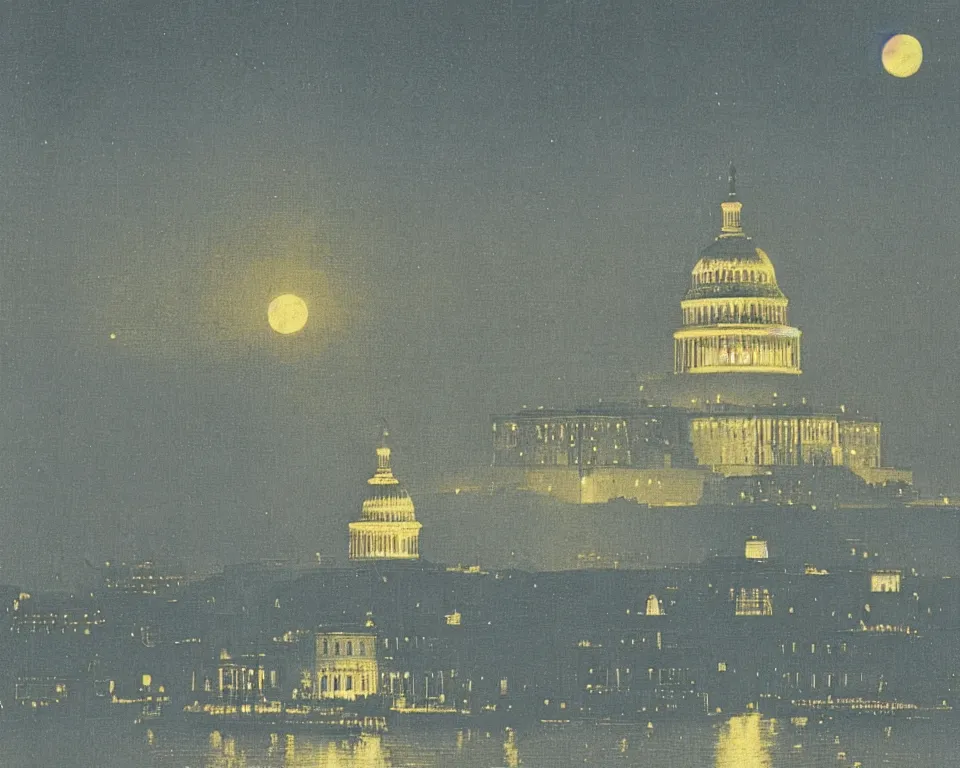 Image similar to beautiful print of the U.S. Capitol bathed in moonlight by Hasui Kawase and Lyonel Feininger.