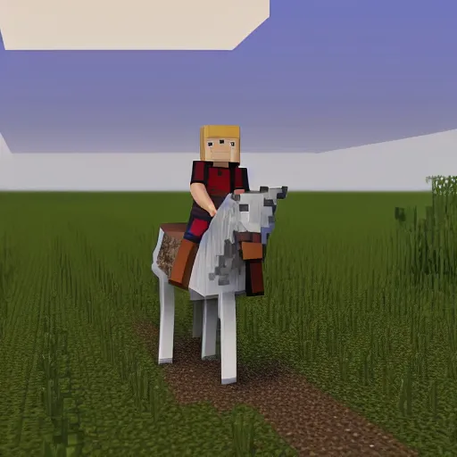 Image similar to cute hyperrealistic annie leonhart riding a minecraft horse in minecraft, beautiful face, pale skin, rule of thirds, cinematic lighting, rainy weather, melancholy atmosphere, sharp focus, backlit, stunning, smooth, hard focus, full body shot, instagram photo, shot on sony a 7 iii, hyper realistic