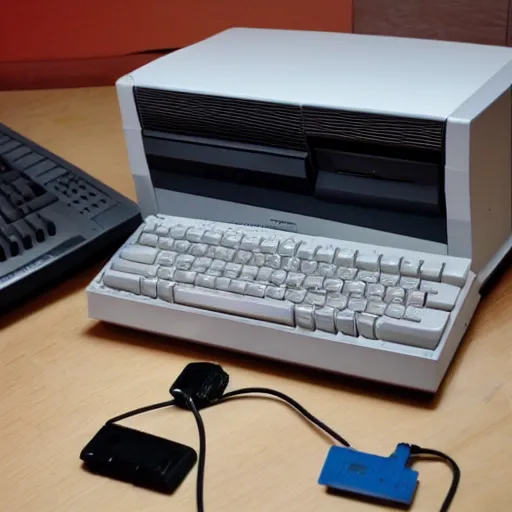 Prompt: Commodore 64 and a 1541 Diskdrive where people live inside.