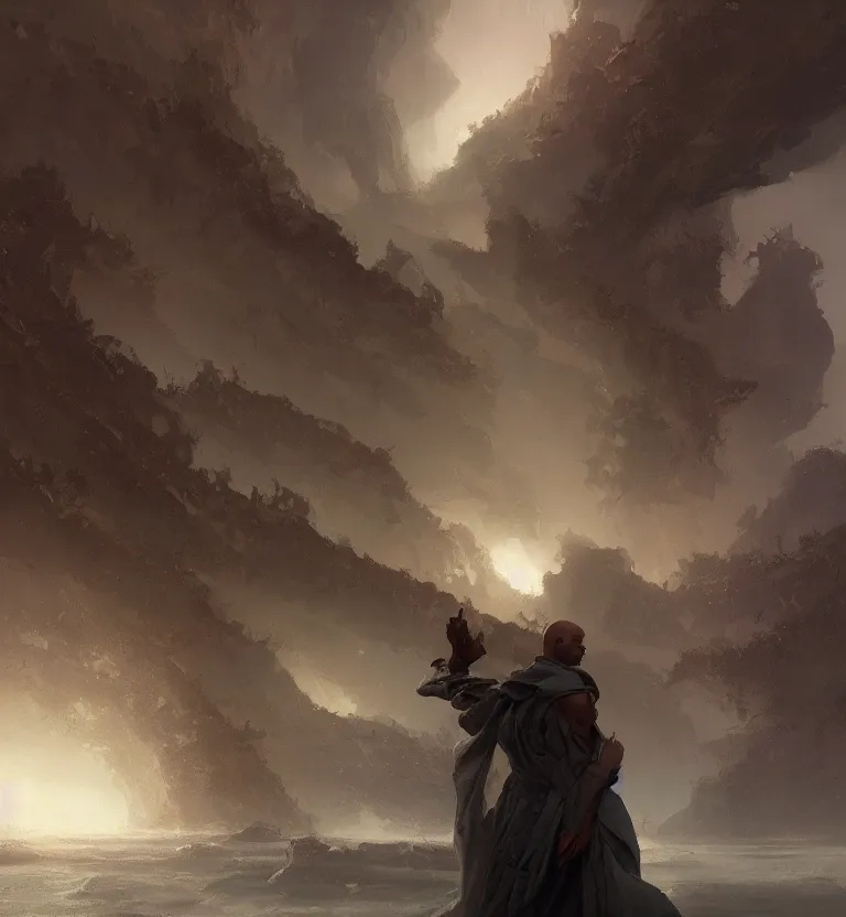 Prompt: painting of a bald tall dark - skinned man wearing a flowing robe overlooking the earth, nature, eyes closed, greg rutkowski, ruan jia, trending on artstation, detailed digital art