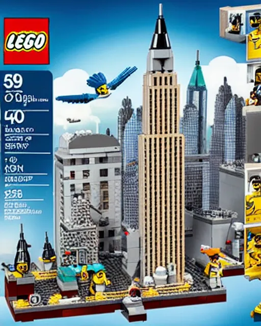 Prompt: lego new york skyscaper and pigeon set