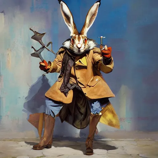 Image similar to greg manchess portrait painting of partially armored of the march hare from alice in wonderland as overwatch character, medium shot, asymmetrical, profile picture, organic painting, sunny day, matte painting, bold shapes, hard edges, street art, trending on artstation, by huang guangjian, gil elvgren, ruan jia, randy vargas, greg rutkowski