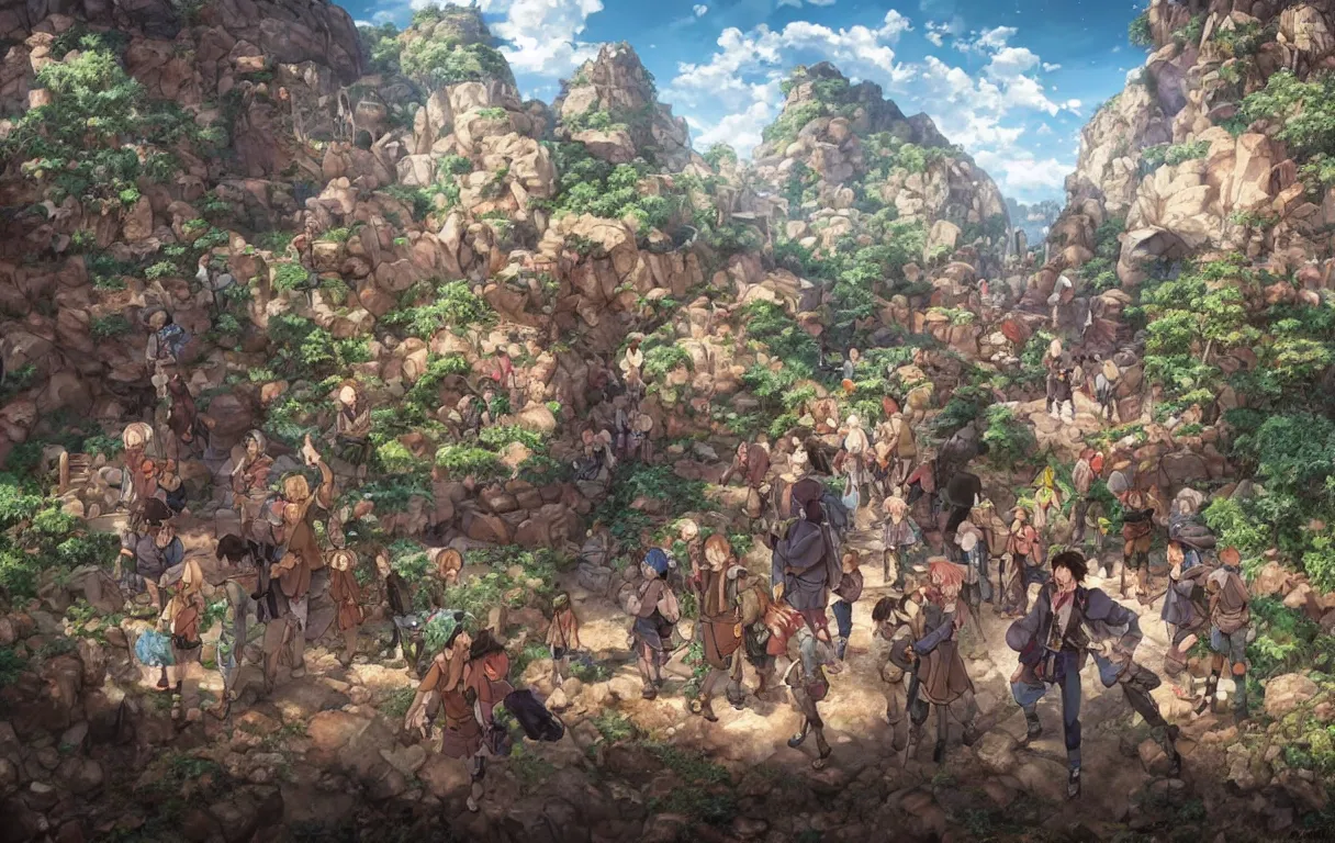 Image similar to standing and waiting just means we'll be showered by more boulders. get ready on the double! hyperrealistic anime illustration by iralki nadar, extremely detailed, intricate linework, super sharp focus, bright colors, octopath traveler, studio ghibli, unreal engine 5 highly rendered, global illumination, radiant light, detailed and intricate environment