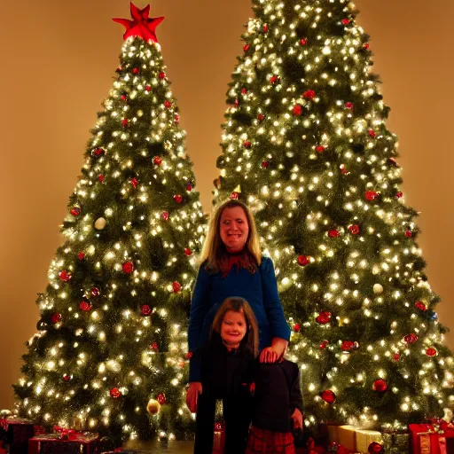 Prompt: christmas photo of yoda's family, standing in front of a christmas tree, DSLR 15mm