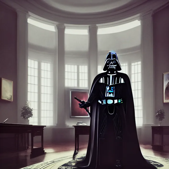 Prompt: portrait of darth vader in the oval office. intricate abstract. intricate artwork. by tooth wu, wlop, beeple, dan mumford. octane render, trending on artstation, greg rutkowski very coherent symmetrical artwork. cinematic, hyper realism, high detail, octane render, 8 k, iridescent accents