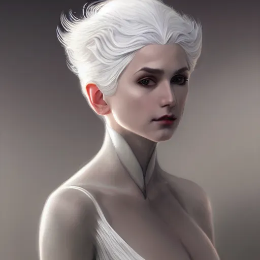 Image similar to white haired aristocrat, full body portrait, gentle, solemn face, cloth, female, city landscape, d & d, fantasy, intricate, elegant, digital painting, white grey color palette, artstation, octane render, concept art, matte, sharp focus, illustration, herrarthstone, art by artgerm and greg rutkowski and alphonse mucha