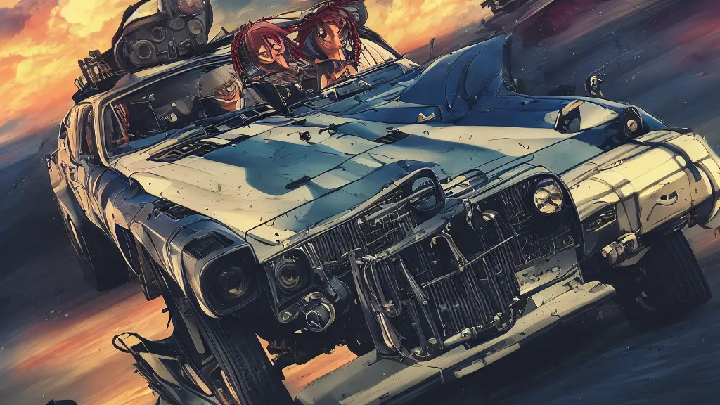 Image similar to anime illustration of mad max's fj 4 0 pursuit special, the last v 8 interceptor driving down to the gates of valhalla highway, riding fury road eternal shiny and chrome, world of fire and blood, by makoto shinkai, ilya kuvshinov, lois van baarle, rossdraws, basquiat, global illumination ray tracing hdr