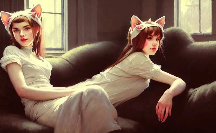 Image similar to portrait of several girls with cat ears, sitting on a couch, highkey, realistic, serov, surikov, vasnetsov, repin, kramskoi, ultra realistic, uplight, insanely detailed and intricate, charlie bowater, tom bagshaw, norman rockwell, octane rendered, unreal engine, illustration, trending on artstation, 8 k