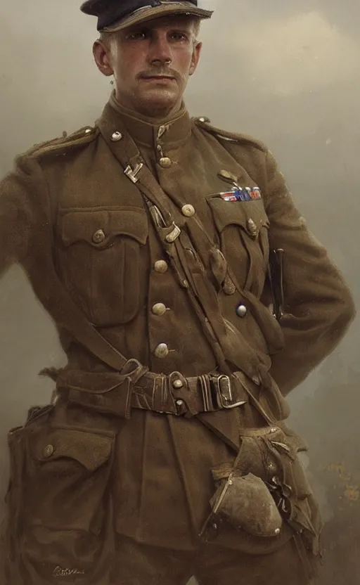 Image similar to portrait of a wwi british army officer, male, detailed face, first world war, 2 0 th century, highly detailed, cinematic lighting, digital art painting by greg rutkowski