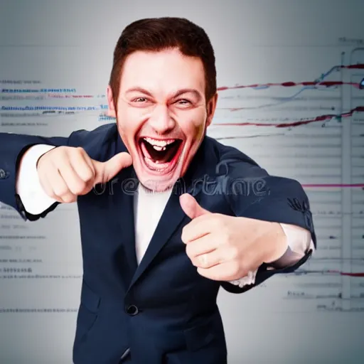 Prompt: corrupt business man laughing maniacally, stock photo, evil