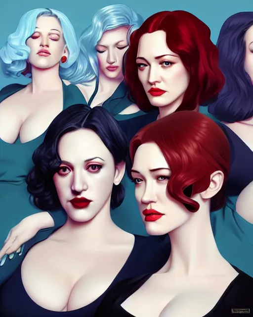 Prompt: kat dennings christina hendricks jennifer tilly, by wlop and ilya kuvshinov and artgerm