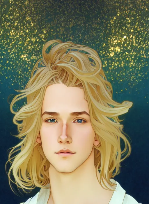 Prompt: pretty young man with shoulder length shiny sparkly golden blond hair, path traced, highly detailed, high quality, digital painting, by studio ghibli and alphonse mucha, leesha hannigan, disney