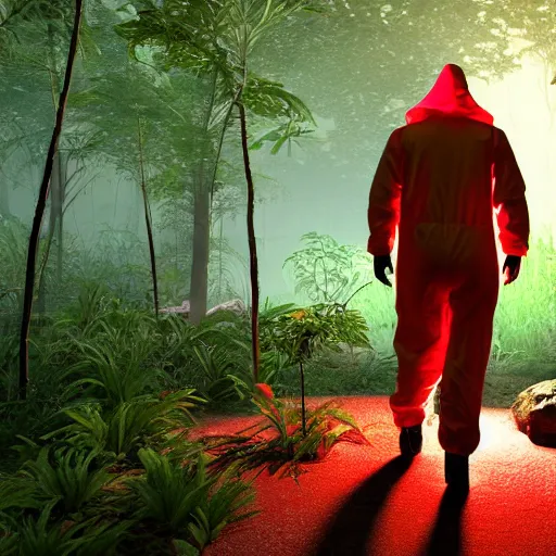 Image similar to a man wearing a hazmat suit, walking through a lush jungle, at night, red glow, unreal engine 5, ray traced, god rays, extremely high detail