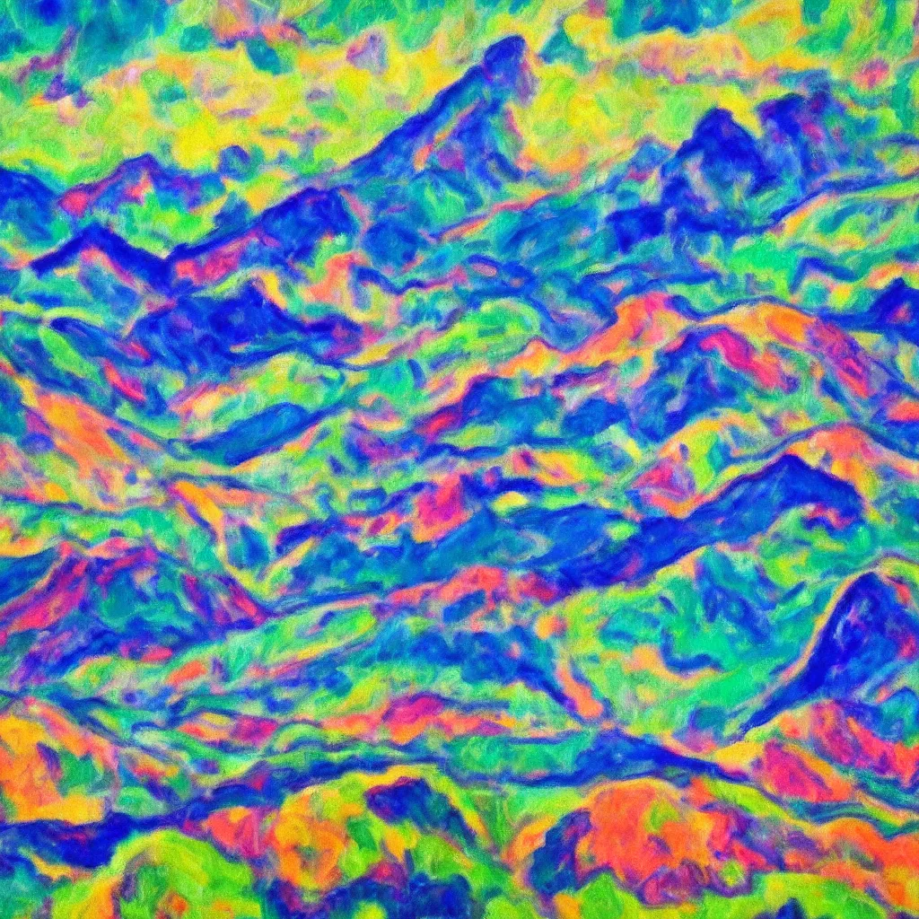 Image similar to Fauvist style photograph of a valley, right at the moment a burst of volcano, 4K, super detailed, dark green clouds