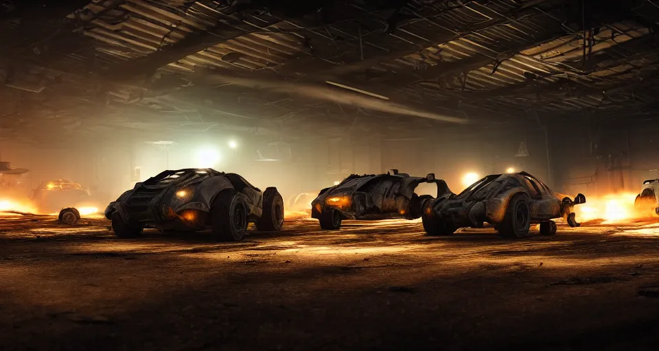 Image similar to macro closeup photo of halo warthogs being chased in a post apocalyptic warehouse factory at night, smoke, dust, embers, mad max, action, rocket league, volumetric lighting, hdr, need for speed, gta 5, ridley scott, syd mead, craig mullins, cinematic, octane