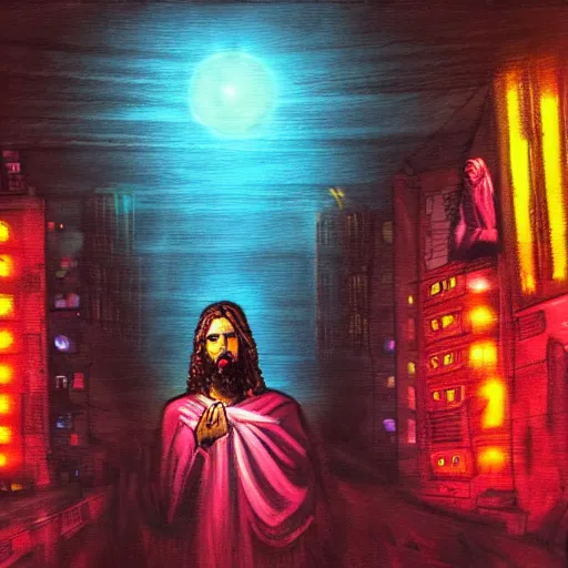 Prompt: a painting of neon jesus they prayed in the dark city, cyberpunk, wideangle camera