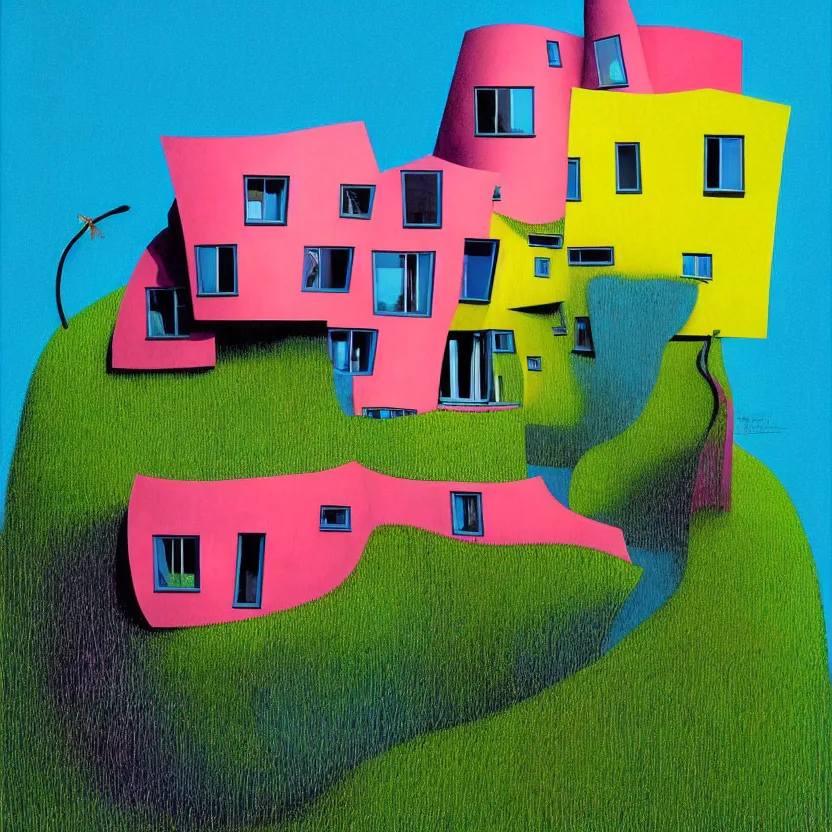 Prompt: surreal glimpse into other universe, a house by frank gehry on an island, summer morning, very coherent and colorful high contrast, art by!!!! gediminas pranckevicius!!!!, geof darrow, floralpunk screen printing woodblock, dark shadows, hard lighting, stipple brush technique,