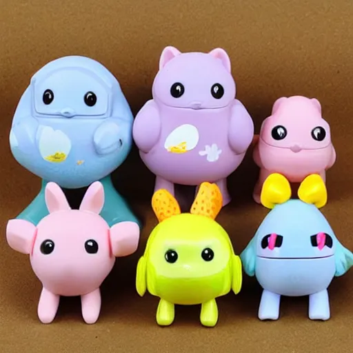 Image similar to some cute plastic toys that look like animal characters that are dressed as other animals, pastel colors