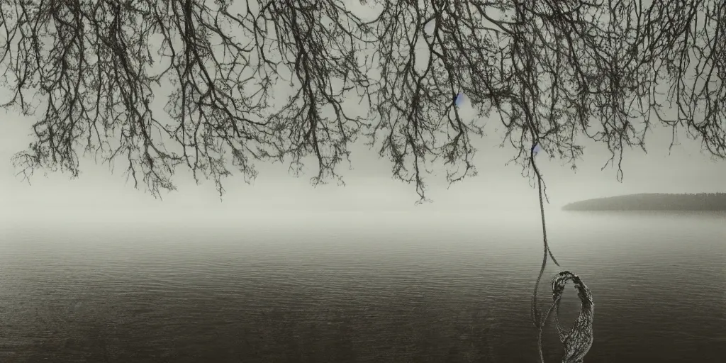 Image similar to symmetrical photograph of an infinitely long rope submerged on the surface of the water, the rope is snaking from the foreground towards the center of the lake, a dark lake on a cloudy day, trees in the background, moody scene, anamorphic lens