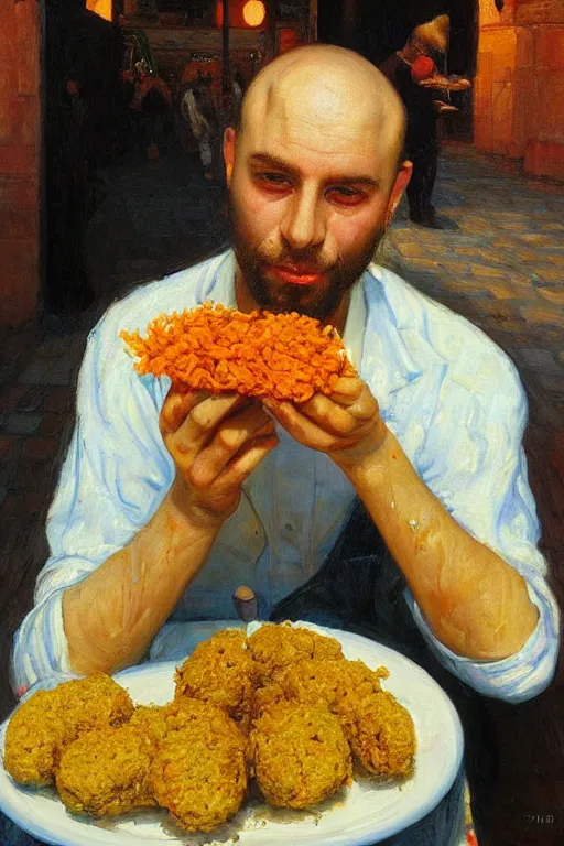 Image similar to portrait of an israeli man eating a falafel in tel aviv, victor Nizovtsev