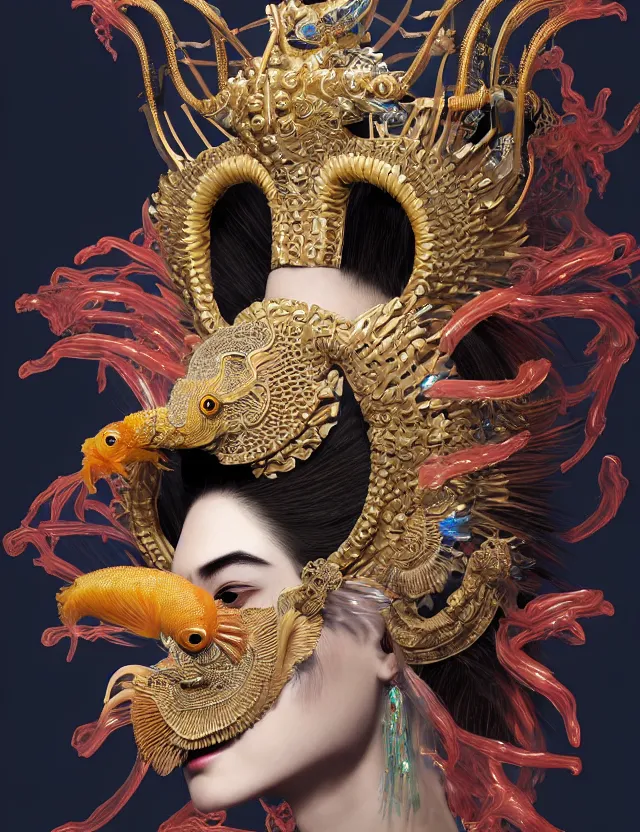 Image similar to 3 d goddess close - up profile portrait with crown, ram skull. beautiful intricately detailed japanese crow kitsune mask and clasical japanese kimono. betta fish, jellyfish phoenix, bio luminescent, plasma, ice, water, wind, creature, artwork by tooth wu and wlop and beeple and greg rutkowski