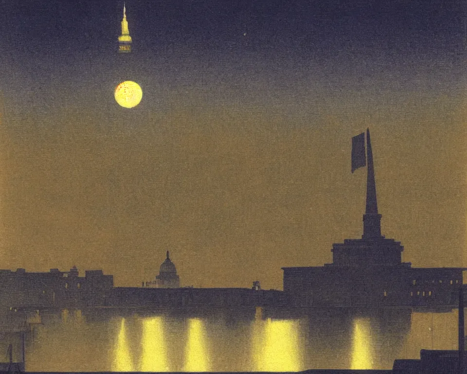 Image similar to beautiful print of the U.S. Capitol bathed in moonlight by Hasui Kawase and Lyonel Feininger.