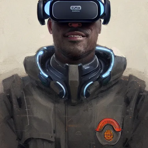 Image similar to Portrait of a man by Greg Rutkowski, symmetrical face, a marine with a helmet, using a VR Headset, Kubric Stare, crooked smile, he's wearing a tacitcal gear, highly detailed portrait, scifi, digital painting, artstation, book cover, cyberpunk, concept art, smooth, sharp foccus ilustration, Artstation HQ