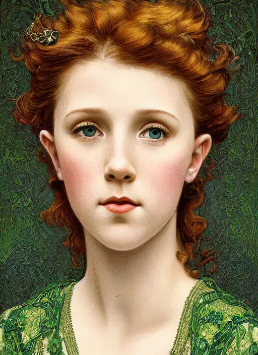 Image similar to intricate art nouveau portrait oil painting of redheaded young millie bobby brown with long hair blowing in the wind, wearing an intricate green lace dress, highly detailed, intricate golden symmetric pattern background, elegant, digital painting, smooth, sharp focus, illustration, ultra realistic, 8 k, by bouguereau, alphonse mucha, artgerm, and donato giancola