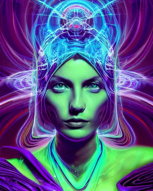 Image similar to a powerful energy psychedelic woman, by alexander fedosav, hyper detailed digital matte painting, concept art, hyperrealism, 1 6 k resolution, cinema 4 d, 8 k resolution, trending on artstation, behance hd, a masterpiece, by stephan martiniere, particles, cel - shaded, power bright neon energy, by david a. hardy,