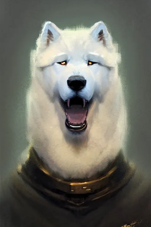 Image similar to greg rutkowski portrait of a heroic samoyed