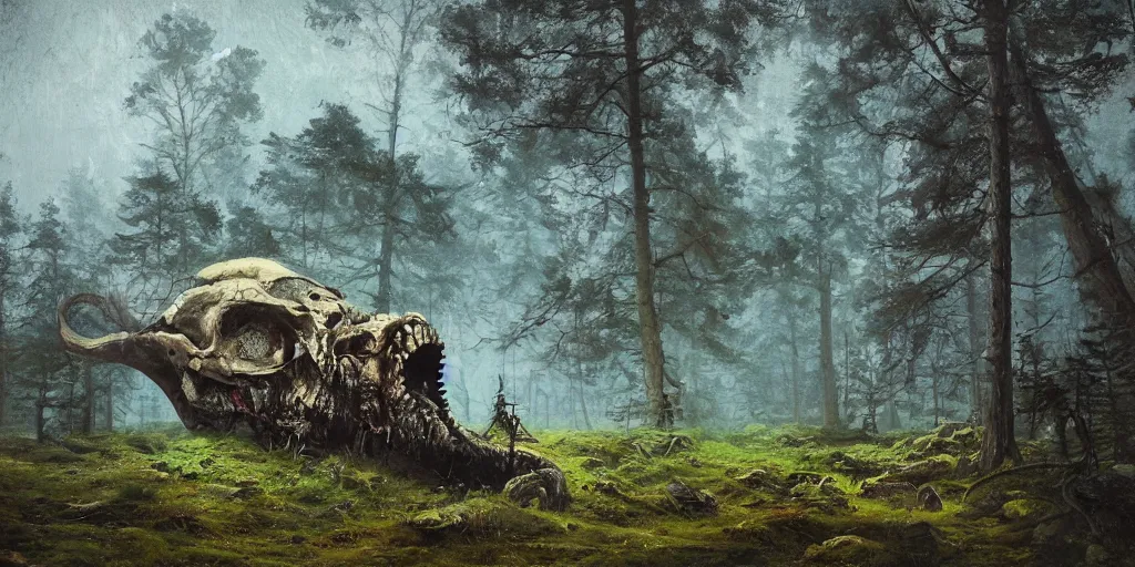 Image similar to hyperealistic painting of scandinavian landscape . giant abandonned dragon skull covered with moss. by Simon Stålenhag !