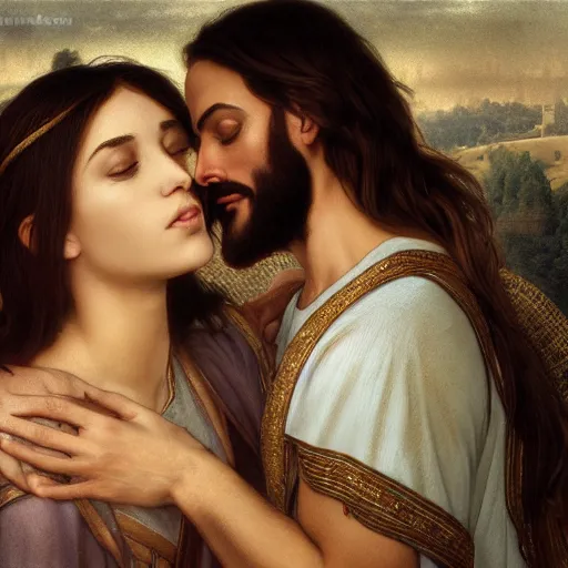 Image similar to jesus kissing a sensual woman in jerusalem, elegant, highly detailed, digital painting, artstation, concept art, matte, sharp focus, highly detailed, 4 k, hdr, smooth, sharp focus, high resolution, award - winning photo, photorealistic, art by artgerm and greg rutkowski and alphonse mucha, large shot