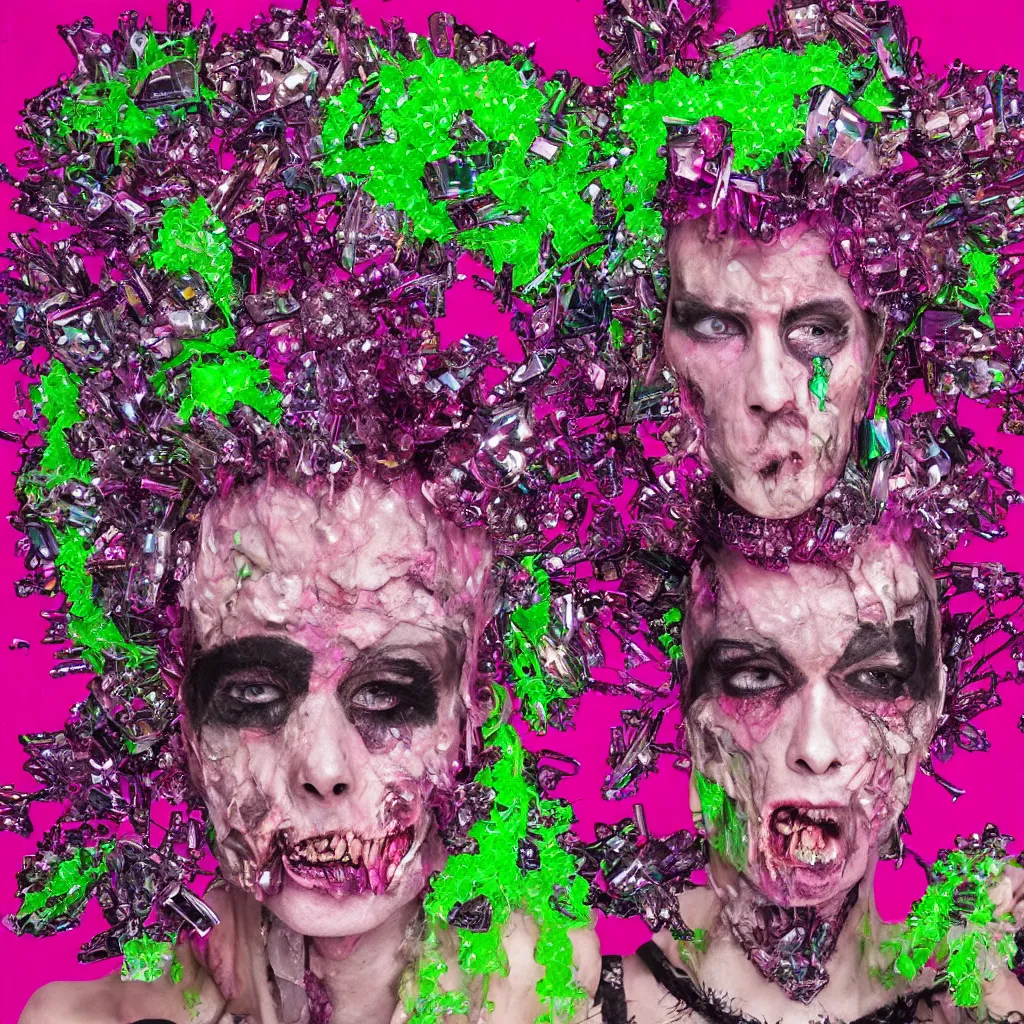 Prompt: a portrait of a punk rock zombie, full head and shoulders visible, pink crystal mohawk, skin made of crystals fruit and flowers, Baroque, Arcimboldo, character design, expressionistic, neon green background