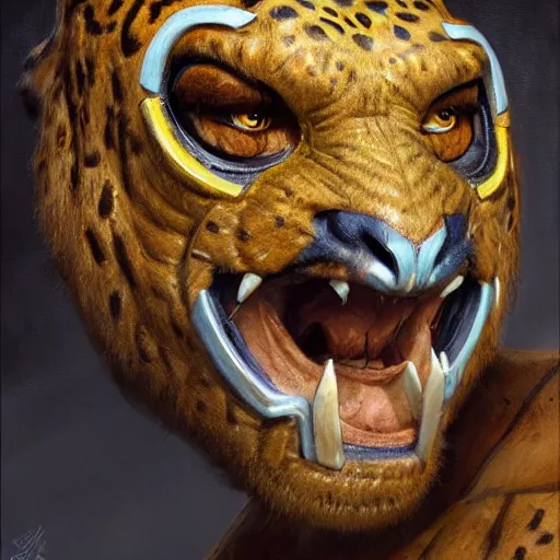 Prompt: Buff wrestler wearing a jaguar mask, closeup character portrait art by Donato Giancola, Craig Mullins, digital art, trending on artstation