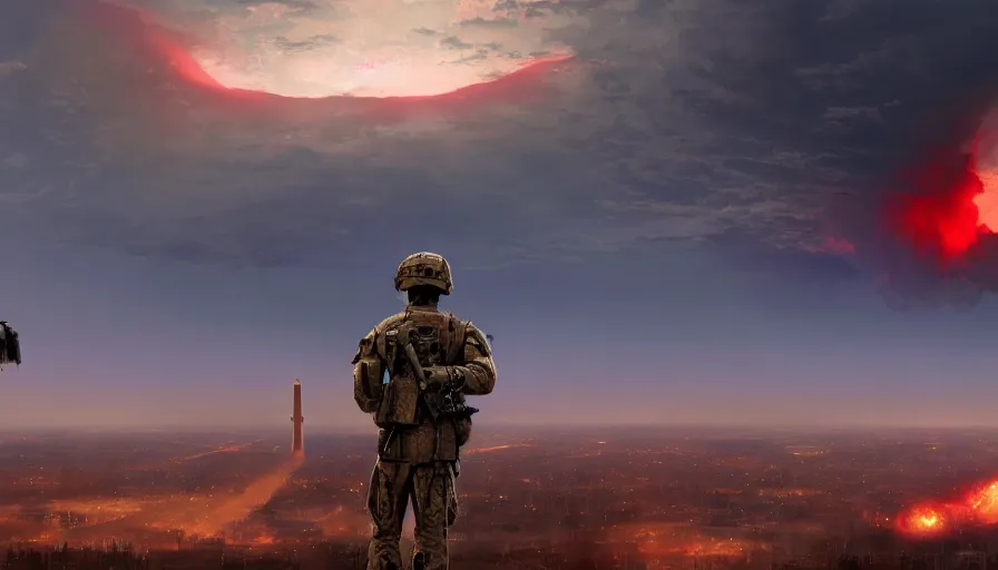 Image similar to back view of soldiers watching huge nuclear explosion in the horizon over washington dc, hyperdetailed, artstation, cgsociety, 8 k